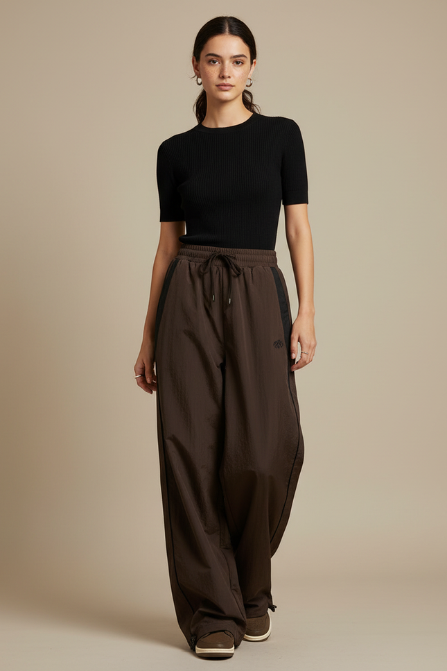Pantalon Fluide Marron Ample Sportif Décontracté Femme - Polyester