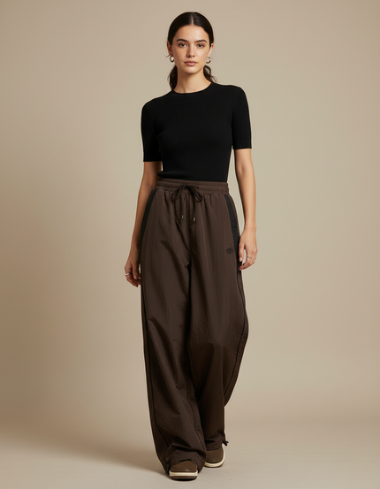 Pantalon Fluide Marron Ample Sportif Décontracté Femme - Polyester