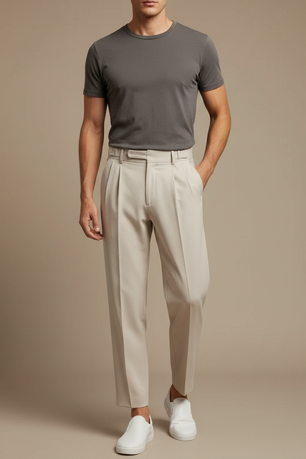 Pantalon Fluide Beige Plissé Ample Homme Élégant - Gabardine