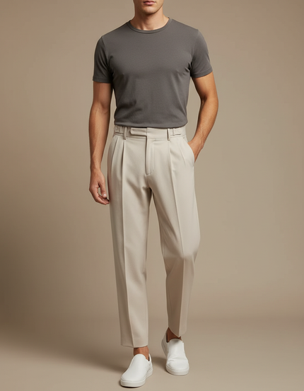 Pantalon Fluide Beige Plissé Ample Homme Élégant - Gabardine