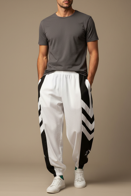 Pantalon Fluide Blanc Noir Imprimé Géométrique Sport Homme - Polyester