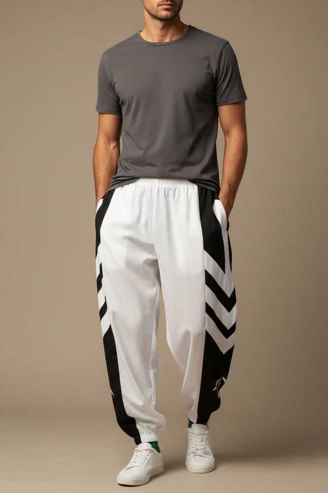 Pantalon Fluide Blanc Noir Imprimé Géométrique Sport Homme - Polyester