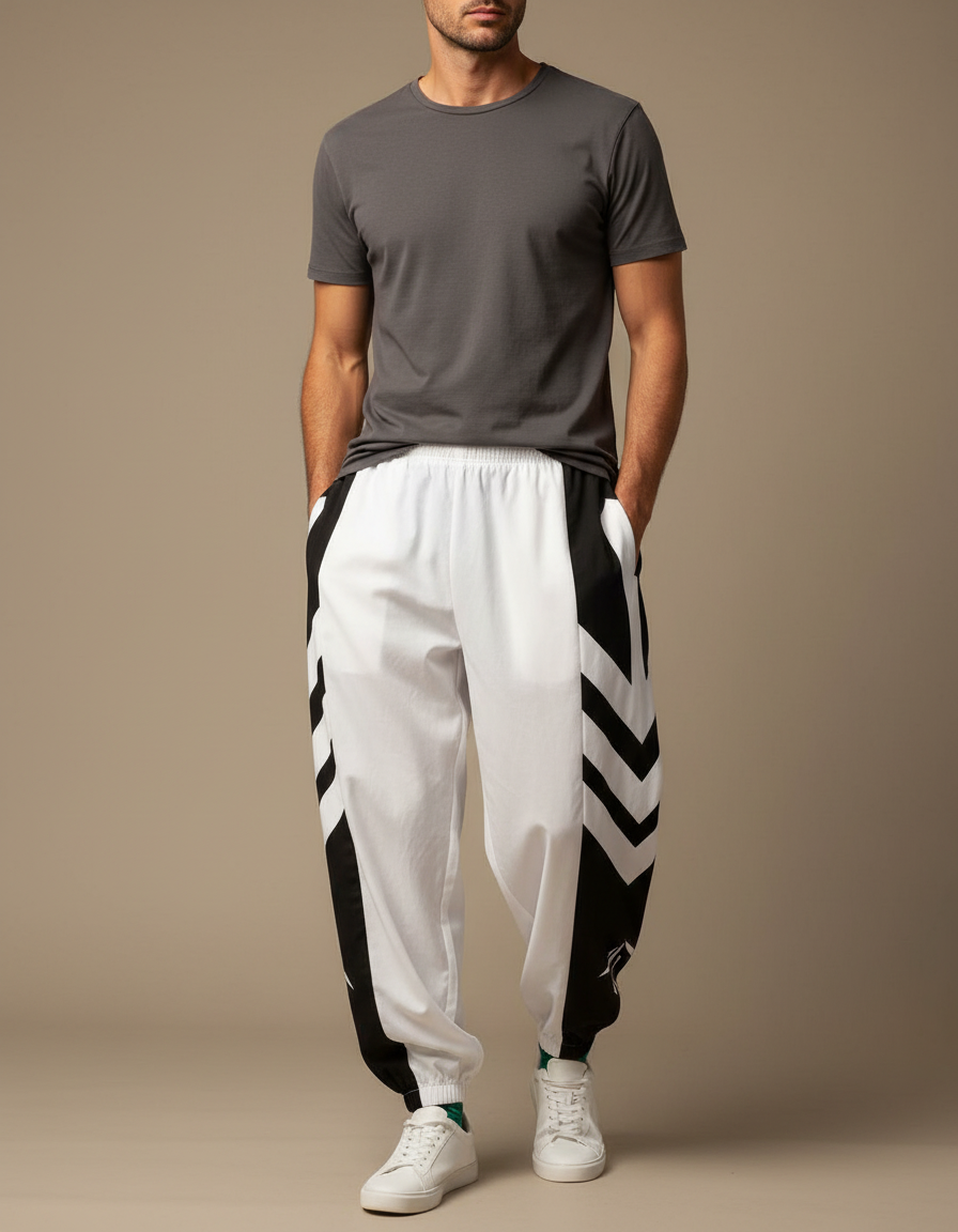 Pantalon Fluide Blanc Noir Imprimé Géométrique Sport Homme - Polyester