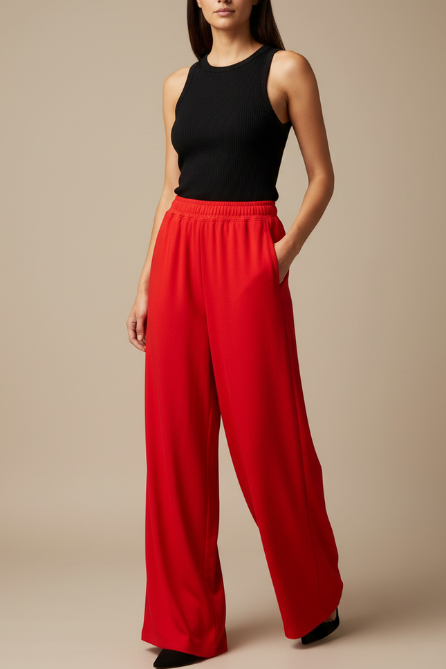 Pantalon Fluide Rouge Ample Décontracté Taille Élastique - Viscose