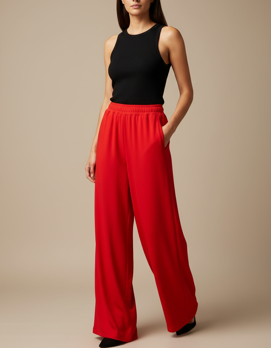Pantalon Fluide Rouge Ample Décontracté Taille Élastique - Viscose
