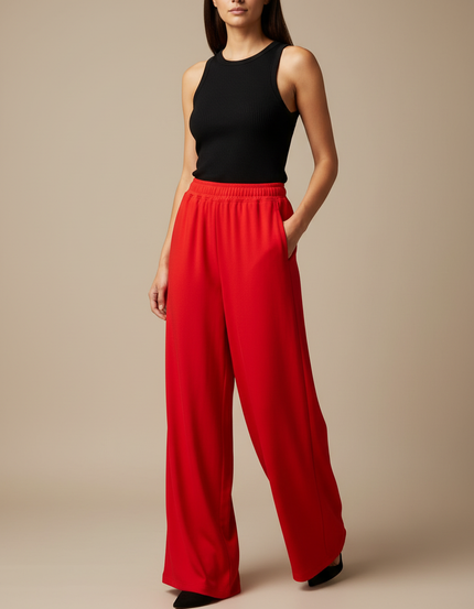 Pantalon Fluide Rouge Ample Décontracté Taille Élastique - Viscose