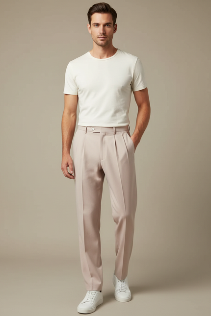 Pantalon Fluide Rose Pâle Plissé Droit Homme Élégant - Polyester