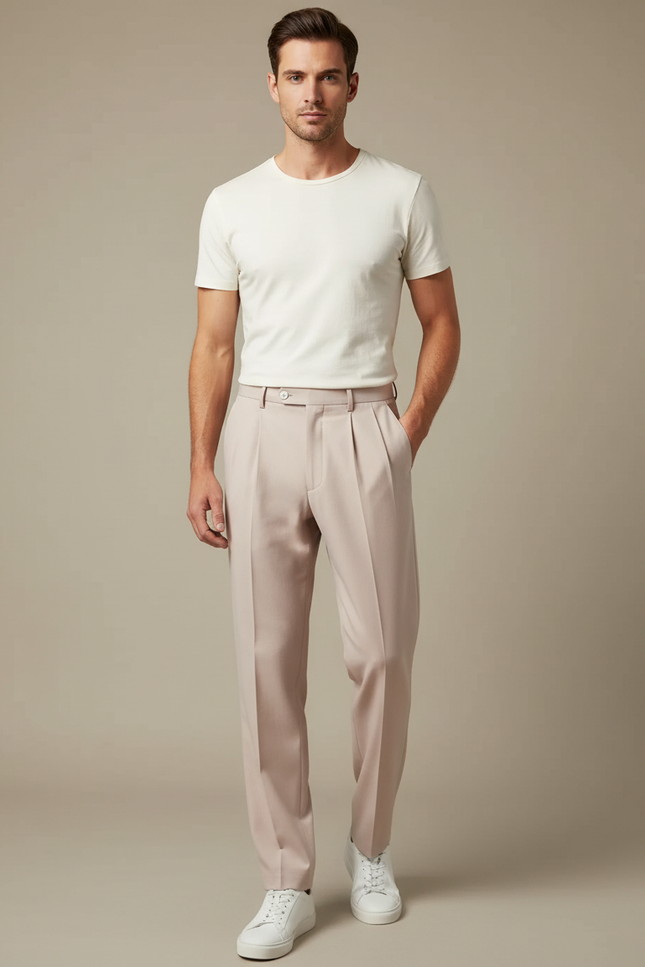 Pantalon Fluide Rose Pâle Plissé Droit Homme Élégant - Polyester