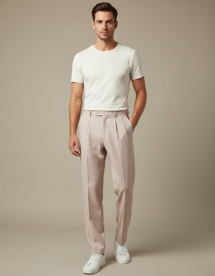Pantalon Fluide Rose Pâle Plissé Droit Homme Élégant - Polyester