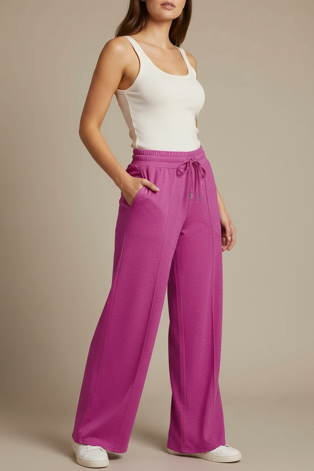 Pantalon Fluide Rose Ample Décontracté Cordon Poches - Molleton