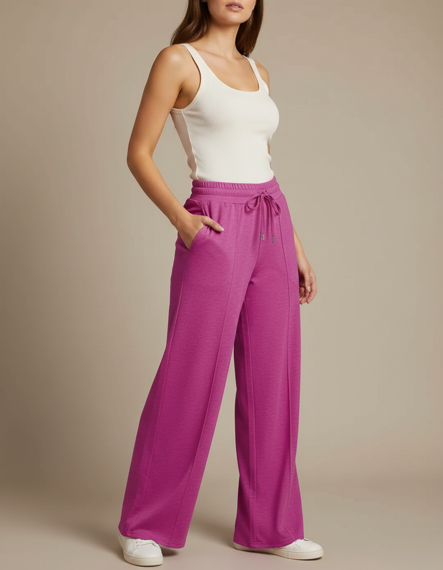 Pantalon Fluide Rose Ample Décontracté Cordon Poches - Molleton