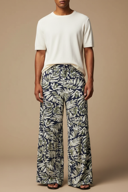 Pantalon Fluide Imprimé Feuillage Ample Homme Bohème Chic - Viscose