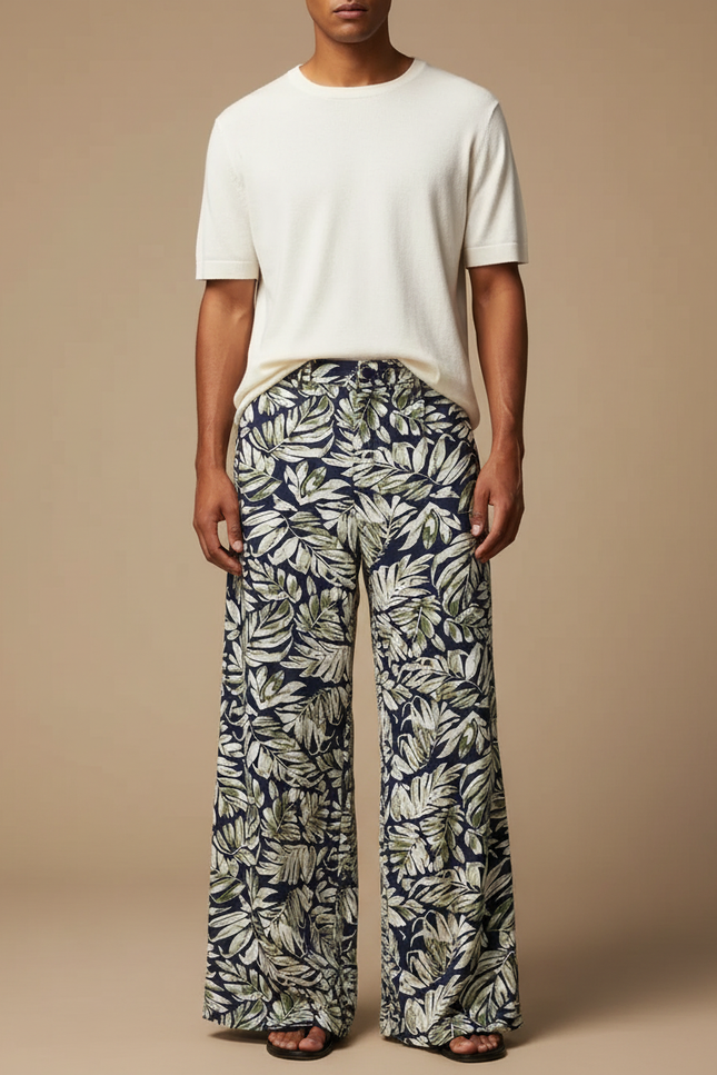 Pantalon Fluide Imprimé Feuillage Ample Homme Bohème Chic - Viscose