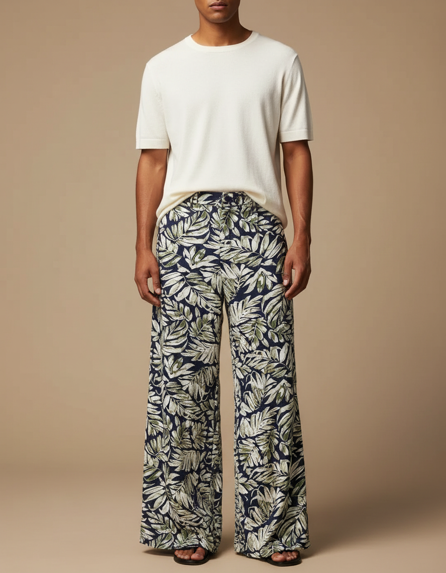 Pantalon Fluide Imprimé Feuillage Ample Homme Bohème Chic - Viscose
