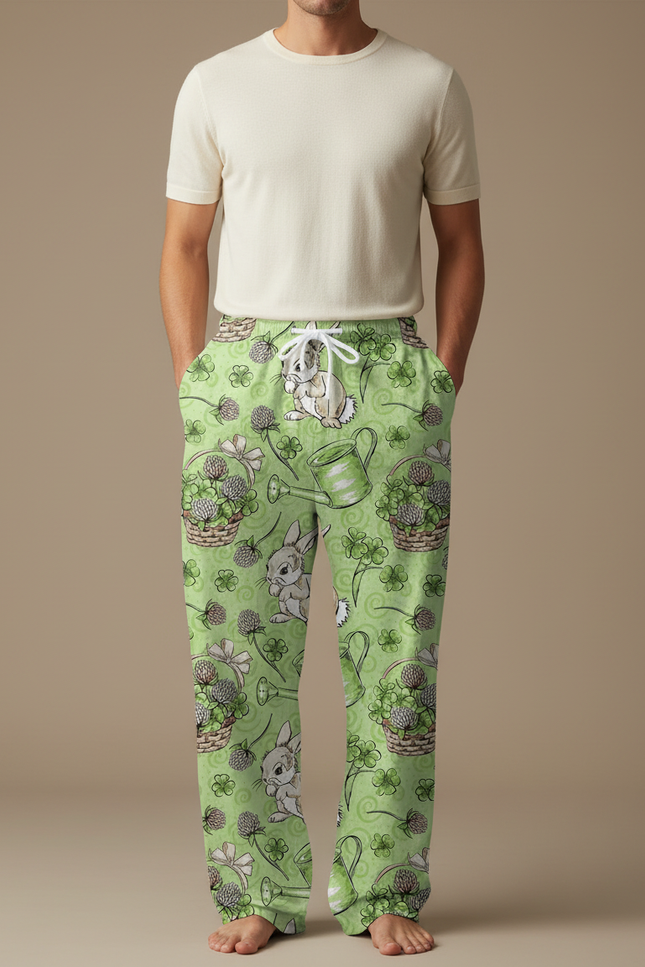 Pantalon Fluide Vert Lapins Trèfles Ample Décontracté Homme - Maille