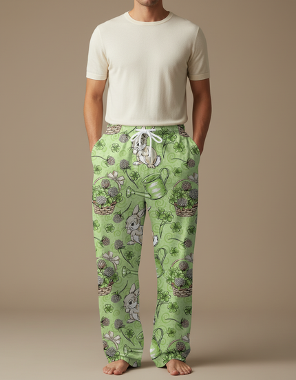 Pantalon Fluide Vert Lapins Trèfles Ample Décontracté Homme - Maille