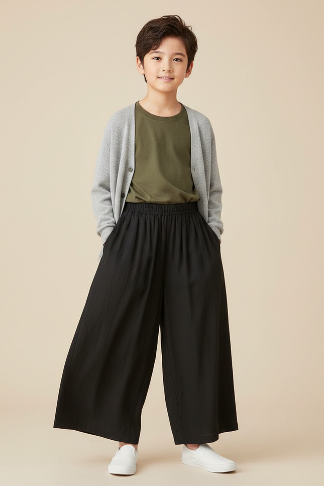 Pantalon Fluide Noir Ample Décontracté Enfant Coton