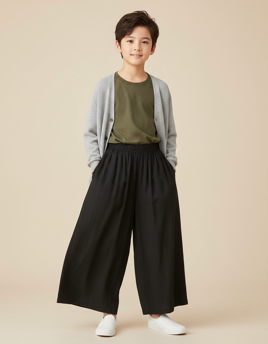 Pantalon Fluide Noir Ample Décontracté Enfant Coton