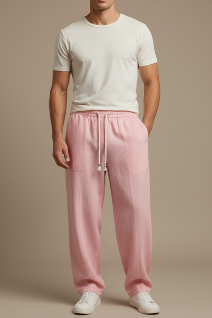 Pantalon Fluide Rose Lin Ample Cordon Décontracté Homme