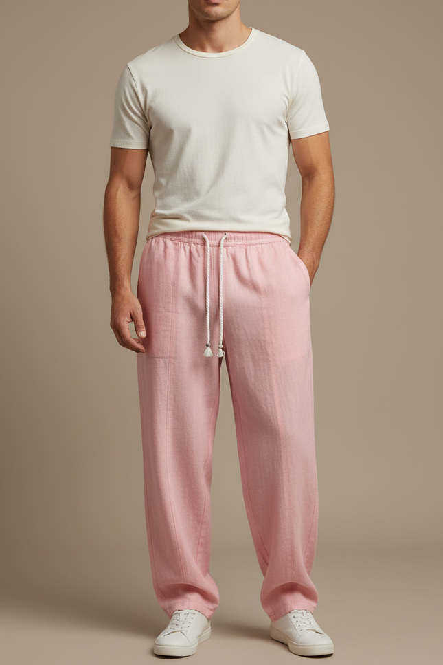 Pantalon Fluide Rose Lin Ample Cordon Décontracté Homme