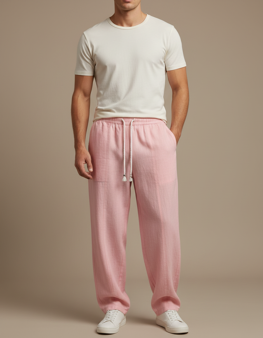 Pantalon Fluide Rose Lin Ample Cordon Décontracté Homme