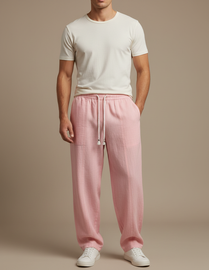 Pantalon Fluide Rose Lin Ample Cordon Décontracté Homme