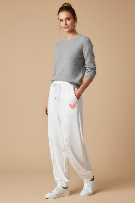 Pantalon Fluide Blanc Coton Ample Cœur Décontracté Sport - Molleton