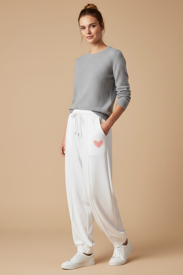 Pantalon Fluide Blanc Coton Ample Cœur Décontracté Sport - Molleton