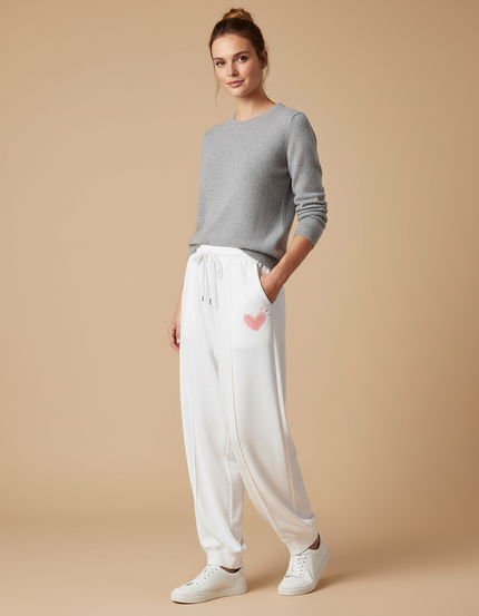 Pantalon Fluide Blanc Coton Ample Cœur Décontracté Sport - Molleton