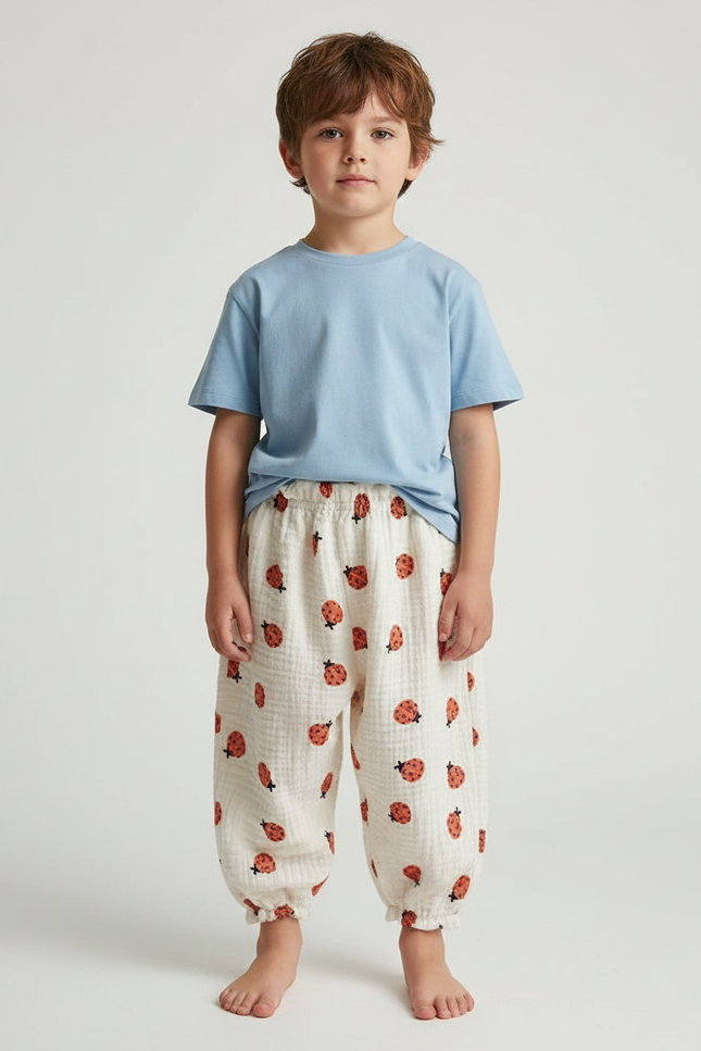 Pantalon Fluide Écru Coton Ample Motif Coccinelles - Beige