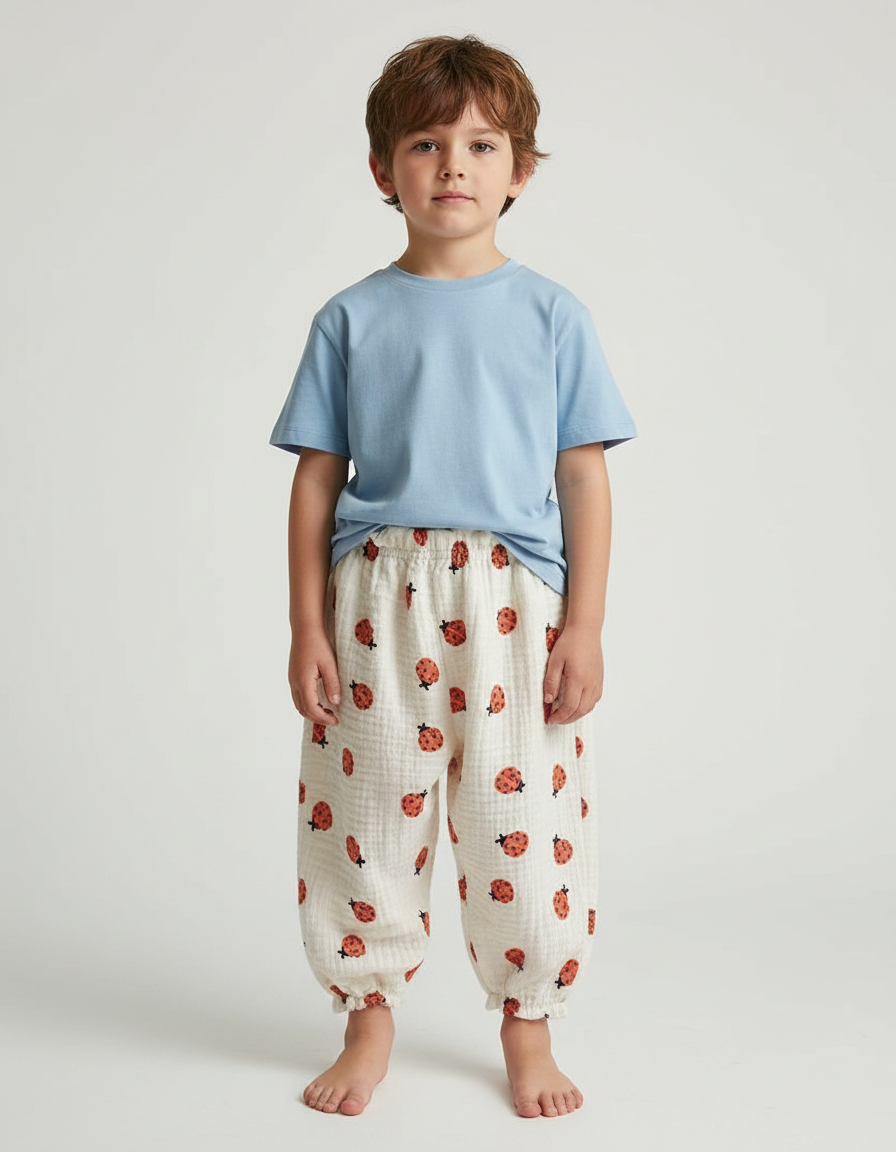 Pantalon Fluide Écru Coton Ample Motif Coccinelles - Beige