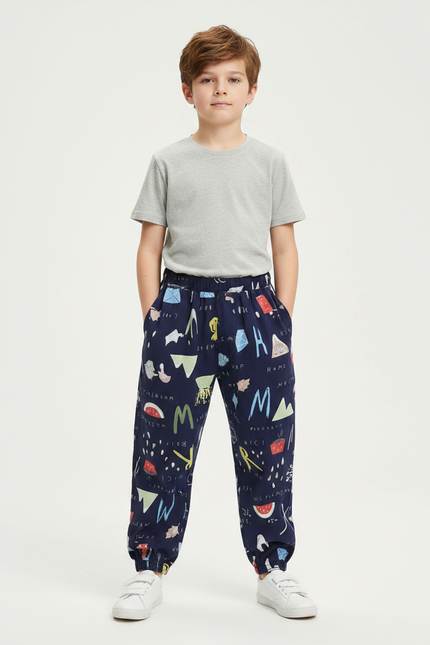 Pantalon Fluide Bleu Marine Imprimé Ludique Coton Garçon