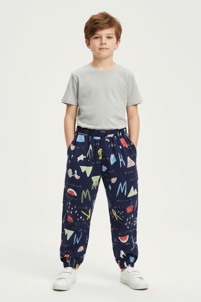 Pantalon Fluide Bleu Marine Imprimé Ludique Coton Garçon