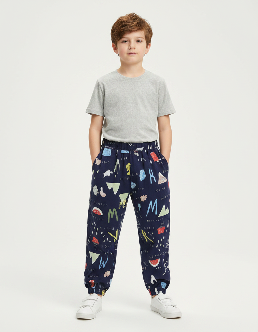Pantalon Fluide Bleu Marine Imprimé Ludique Coton Garçon