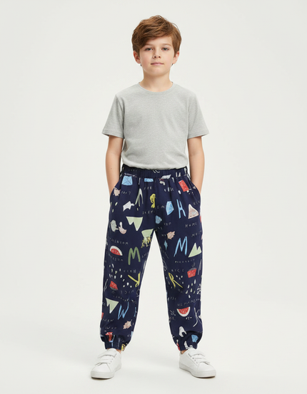 Pantalon Fluide Bleu Marine Imprimé Ludique Coton Garçon