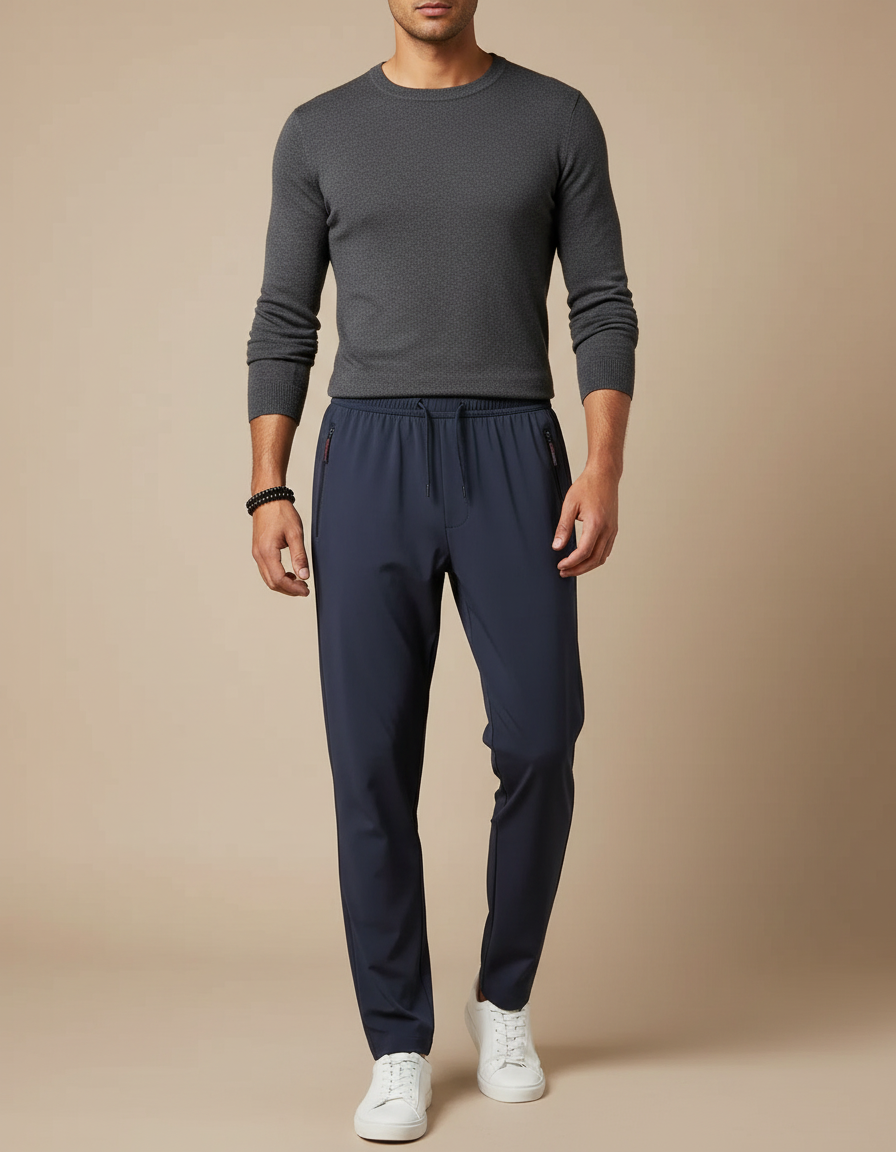 Pantalon Fluide Bleu Marine Droit Cordon Décontracté Homme - Polyester