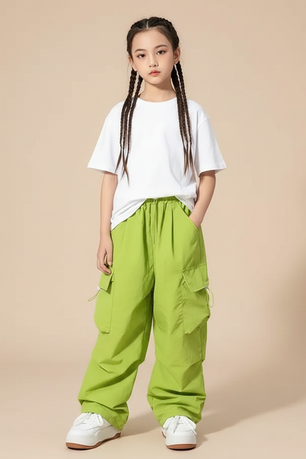 Pantalon Fluide Vert Ample Cargo Streetwear Enfant - Polyester