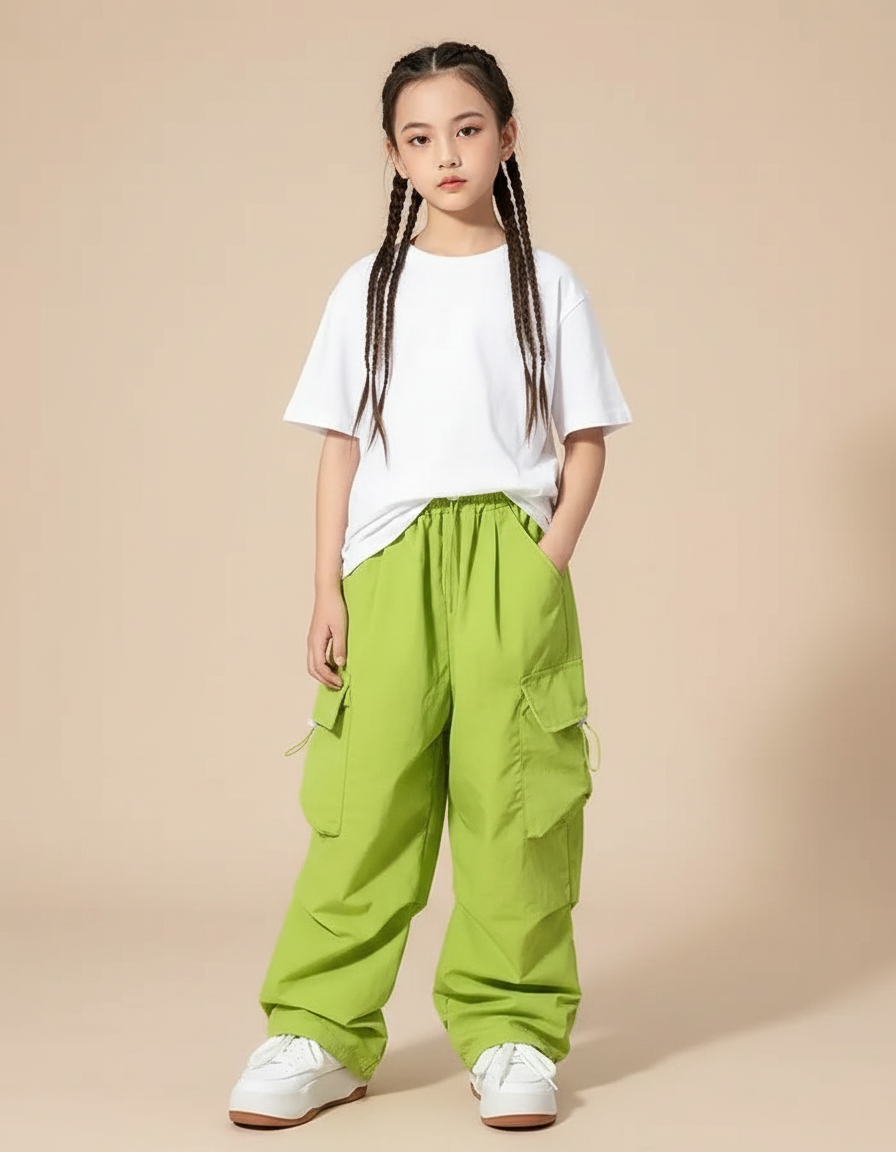 Pantalon Fluide Vert Ample Cargo Streetwear Enfant - Polyester