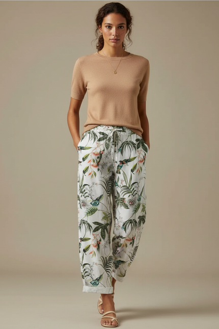 Pantalon Fluide Blanc Imprimé Tropical Ample Estival - Lin