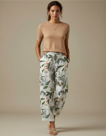 Pantalon Fluide Blanc Imprimé Tropical Ample Estival - Lin