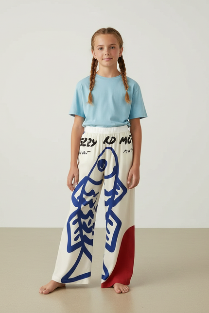 Pantalon Fluide Écru Ample Poissons Bleus Décontracté - Multicolore Viscose