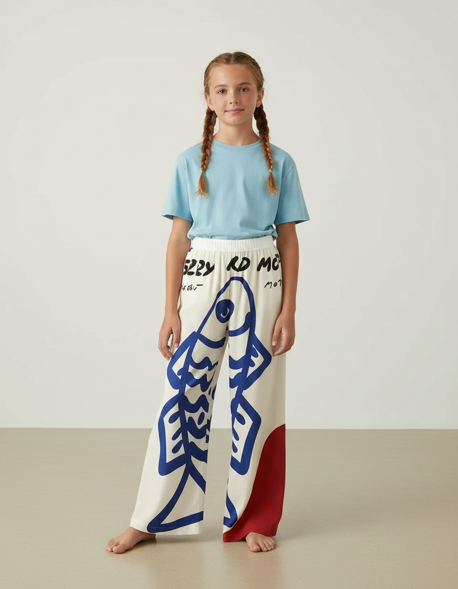 Pantalon Fluide Écru Ample Poissons Bleus Décontracté - Multicolore Viscose