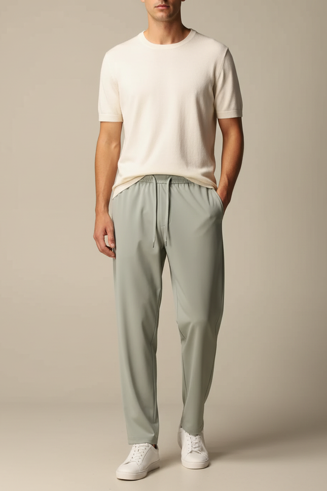 Pantalon Fluide Vert Ample Cordon Décontracté Léger - Polyester
