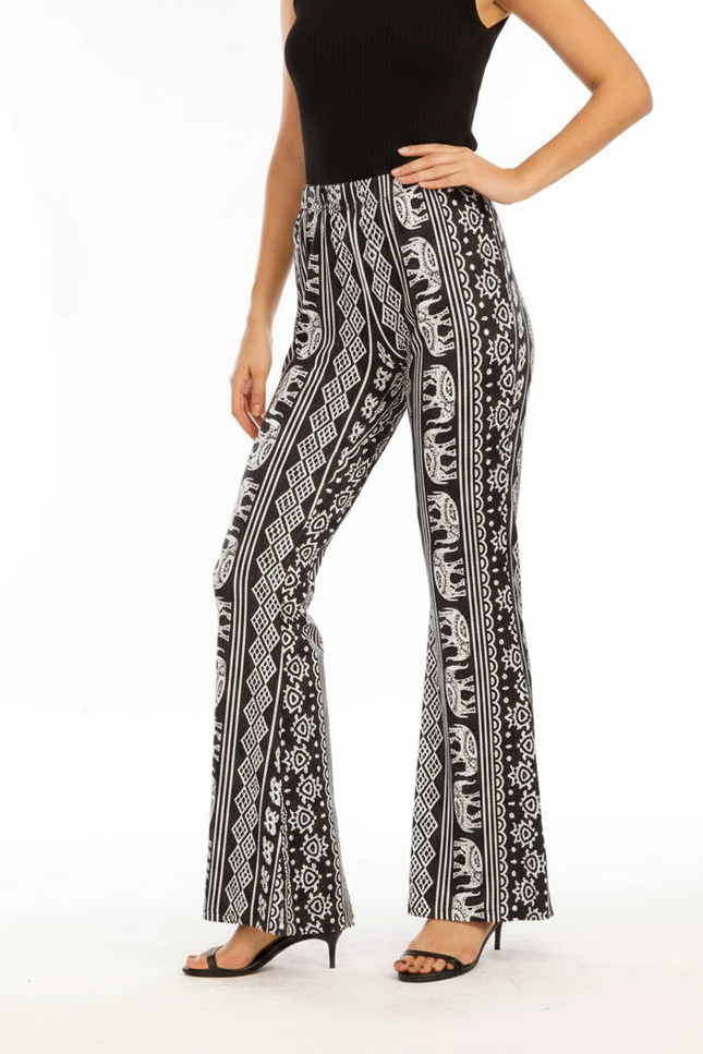 Pantalon Fluide Noir Blanc Imprimé Éléphant Bohème Évasé - Viscose