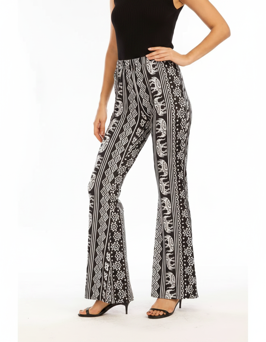 Pantalon Fluide Noir Blanc Imprimé Éléphant Bohème Évasé - Viscose
