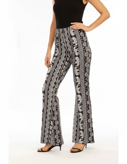 Pantalon Fluide Noir Blanc Imprimé Éléphant Bohème Évasé - Viscose
