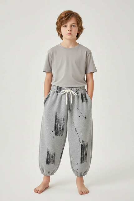 Pantalon Fluide Gris Ample Imprimé Décontracté Enfant - Molleton