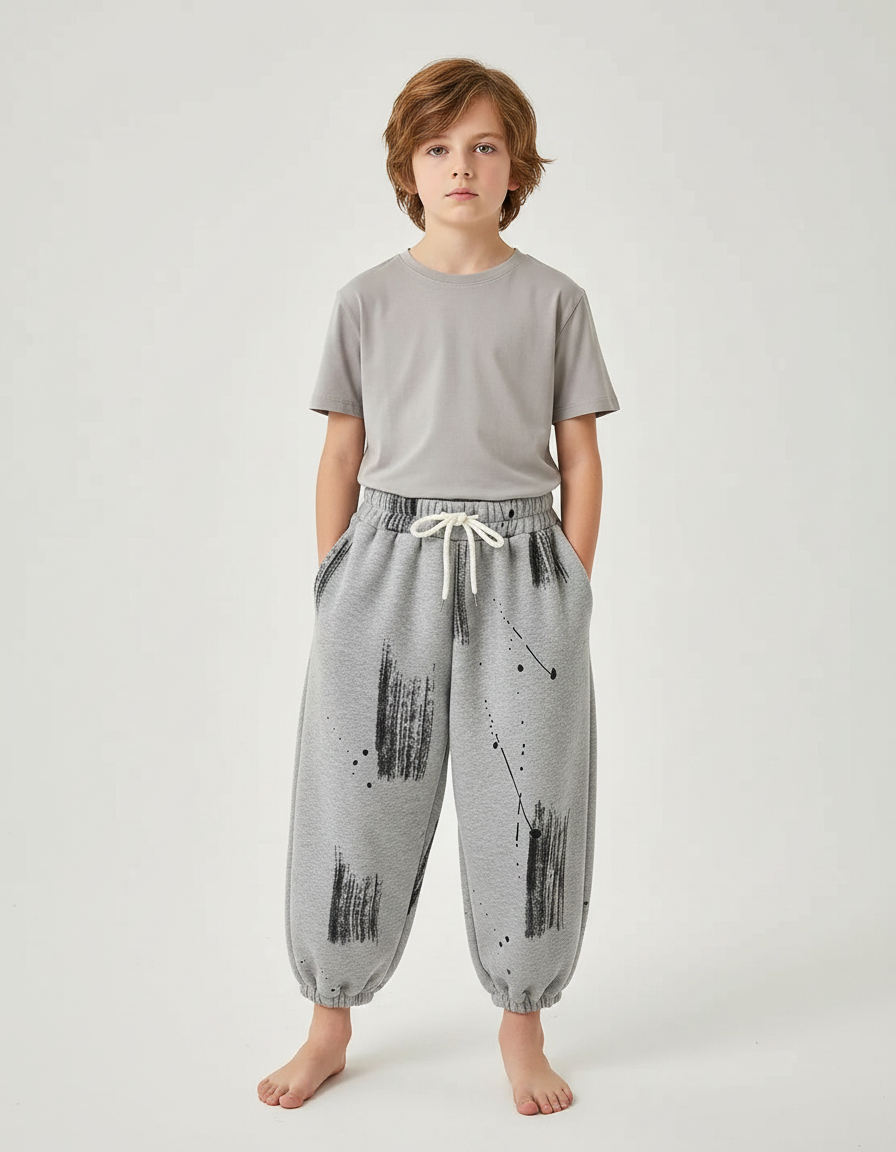 Pantalon Fluide Gris Ample Imprimé Décontracté Enfant - Molleton