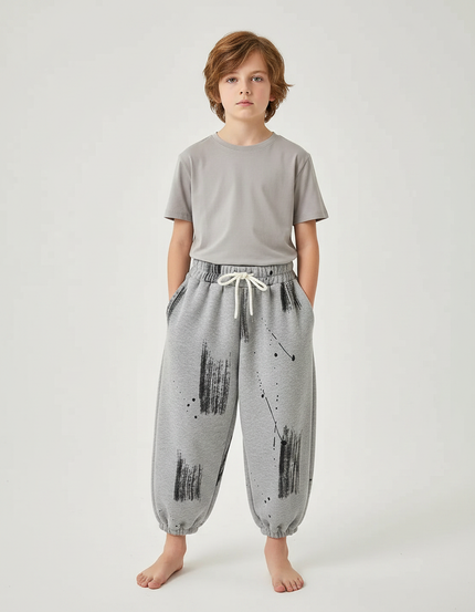 Pantalon Fluide Gris Ample Imprimé Décontracté Enfant - Molleton