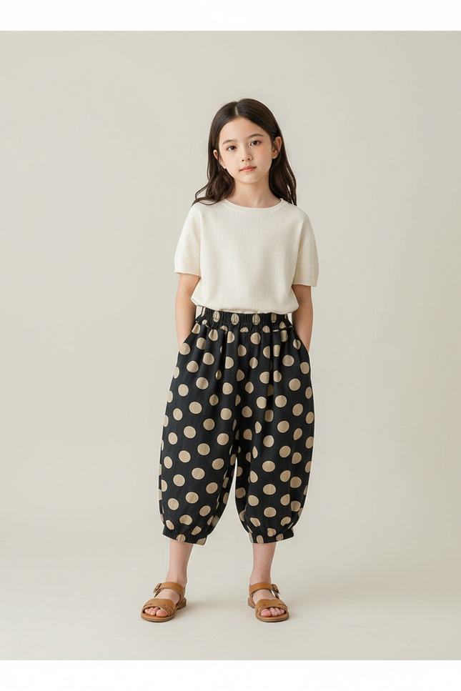 Pantalon Fluide Harem Noir Pois Beige Enfant - Viscose